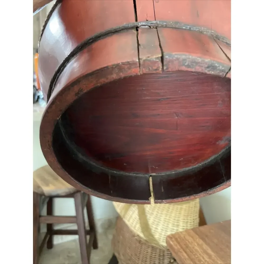 PRIMITIVE ANTIQUE CHINESE RED LACQUER WEDDING OR RICE BASKET WOOD HANDLE